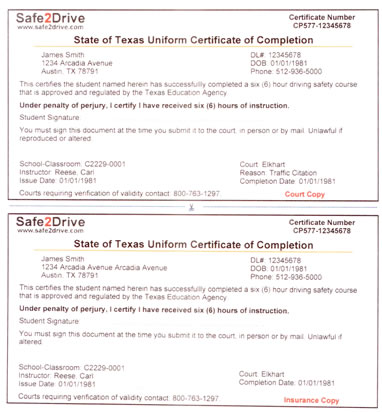 Texas Driver Education Certificate Safe2Drive Traffic School